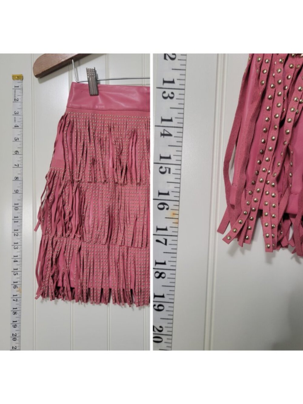 Dolly Barbie Cowgirl Rodeo Pink Faux Leather Studded Fringe Tiered Mini Skirt S - Picture 6 of 11